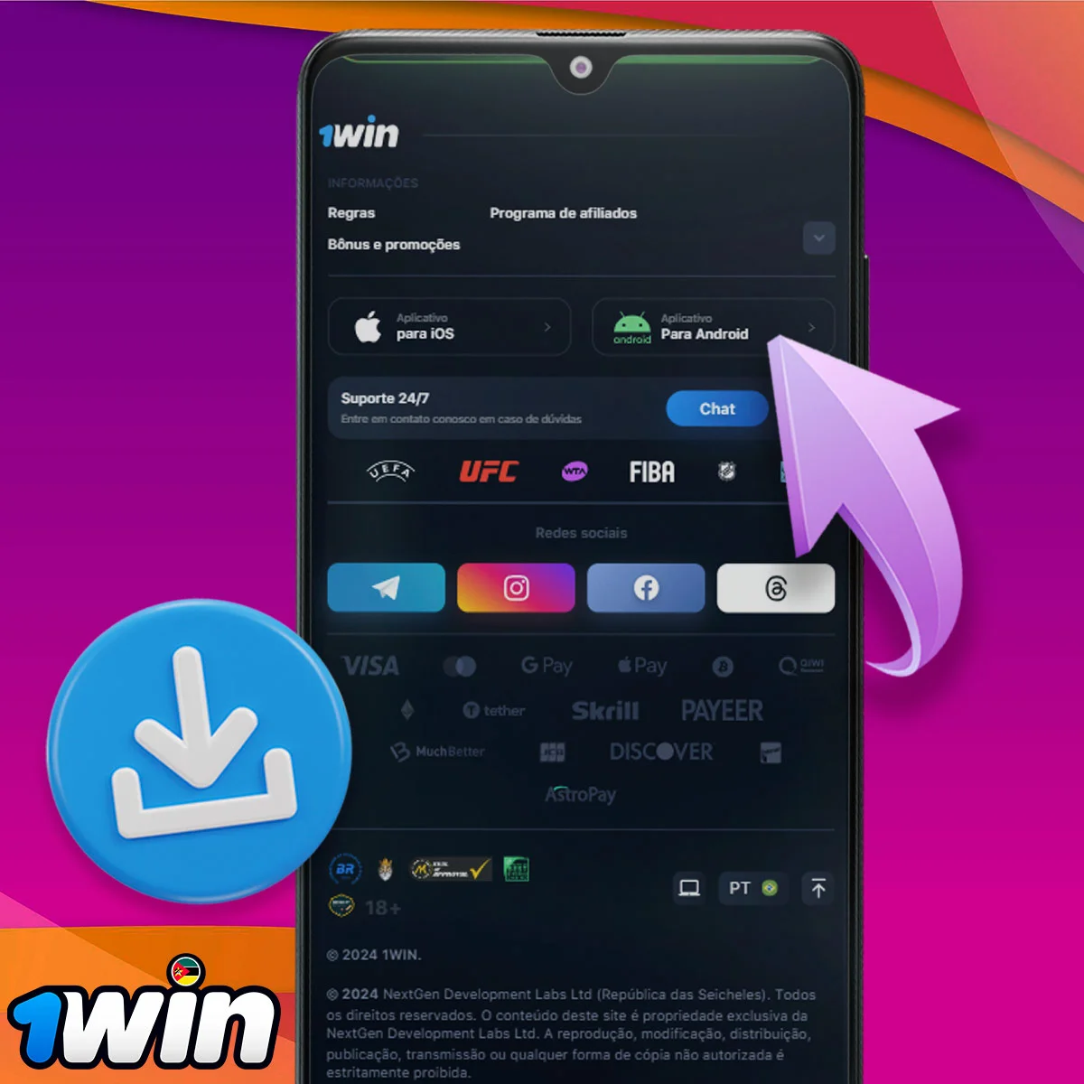 Aplicativo móvel para Android da casa de apostas 1win