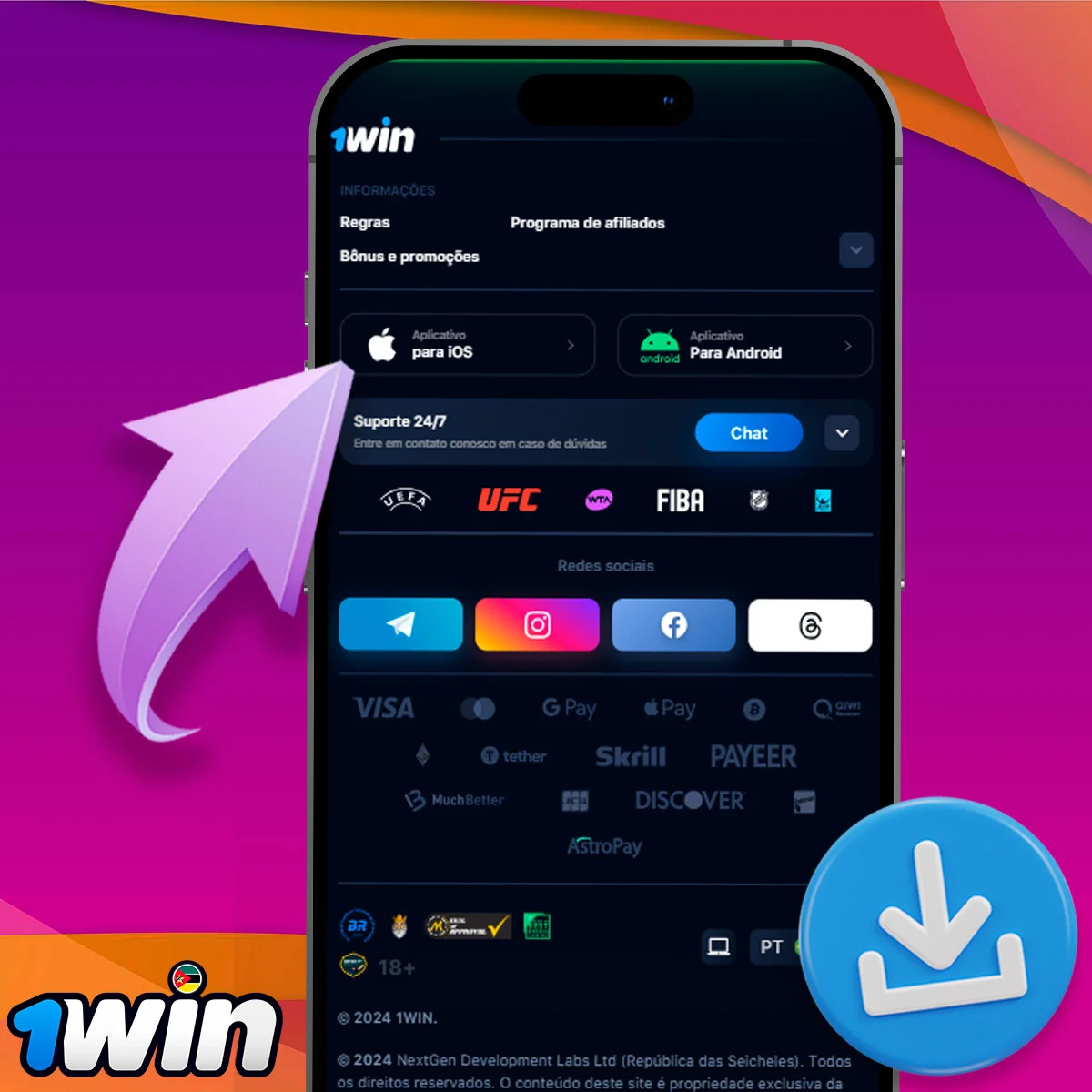Aplicativo móvel para iOS da casa de apostas 1win
